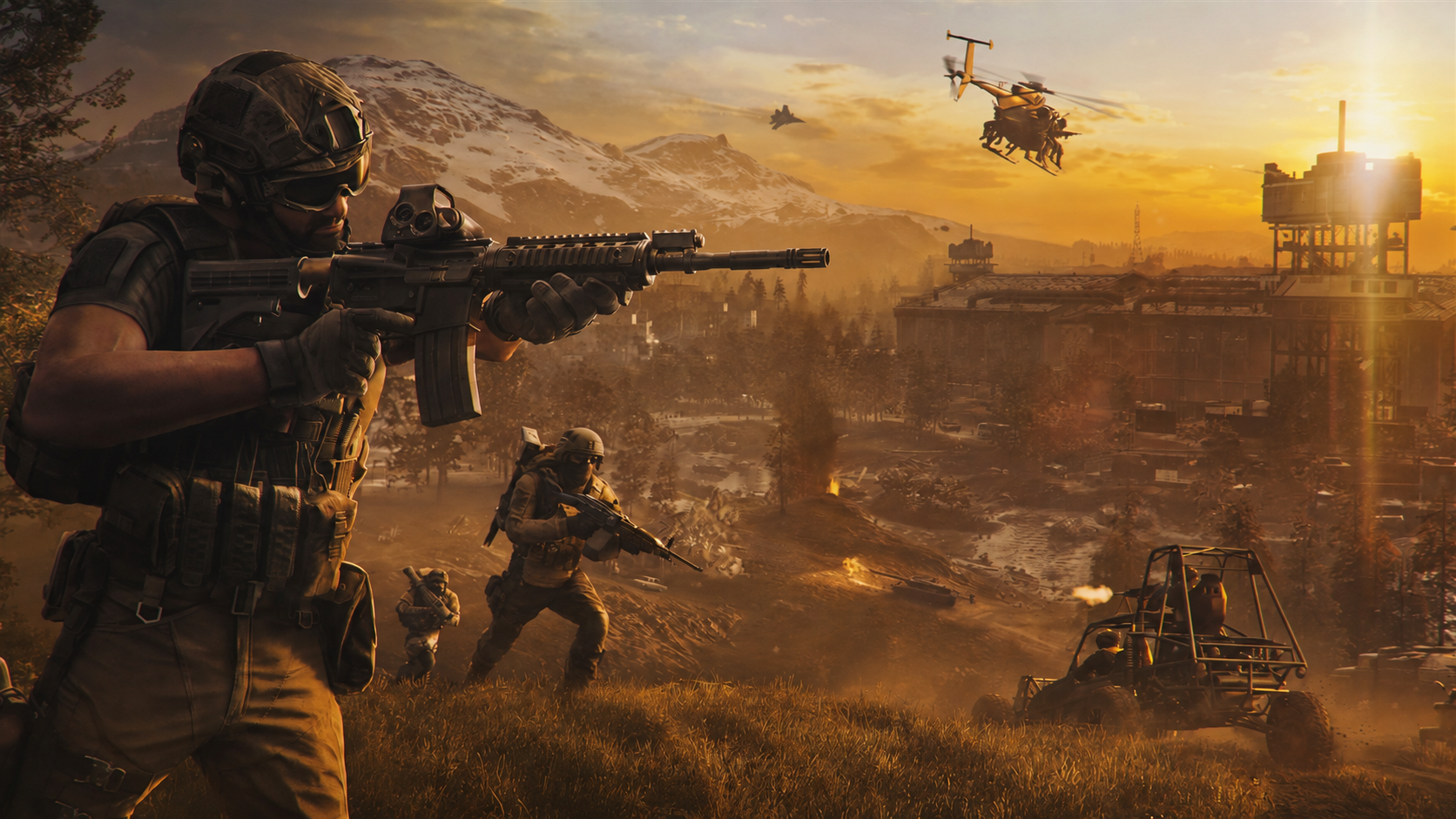 Soldiers, a helicopter and a buggy in a mountainous battlefield at sunset